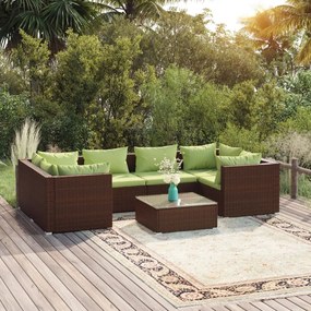 vidaXL 7 pcs conjunto lounge jardim c/ almofadões vime PE castanho