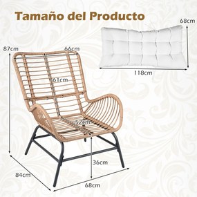 Conjunto de 2 cadeiras jardim de rattan para exterior com almofada grossa removível, encosto alto e braços de metal para terraço, com capacidade de 17