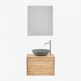 Conjunto De Móveis De Banheiro De Madeira Suspensos Deleyna Madeira Natural & Cimento Cinzento Redondo Ø40 Cm Tarsis & Led - Sklum