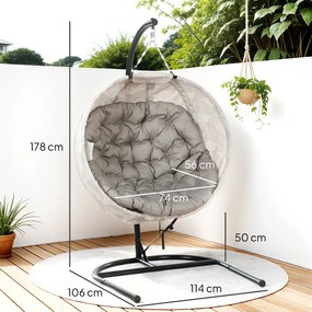 Cadeira Suspensa com Suporte Cesto Dobrável de Malha Dupla com Almofada e Apoio para Copos 106x114x178 cm Areia e Preto