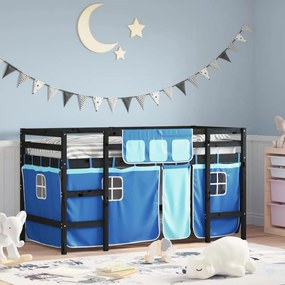 vidaXL Cama alta p/ criança c/ cortinas 90x200 cm pinho maciço azul