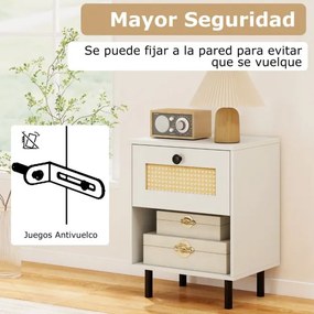 Mesa de cabeceira com gaveta estilo boémio, com pés de metal e compartimento aberto 40 x 30 x 52 cm Branca
