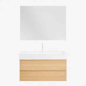 Conjunto De Móvel De Casa De Banho Suspenso Em Madeira E Folha De Freixo Com Lavatório Integrado Ona Madeira Natural & Retangular - Sklum