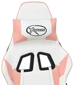 Cadeira gaming com apoio p/ pés couro artificial branco e rosa