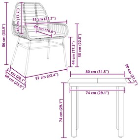 Conjunto jantar jardim 3 peças almofadas vidro vime PE castanho