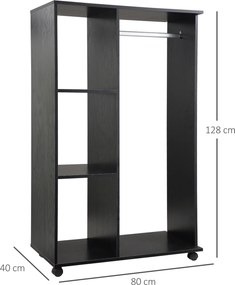 Guarda roupa de Madeira Móvel Armário Roupeiro Aberto com Barra para Pendurar e 3 Prateleiras Organizadoras 80x40x128 cm Preto