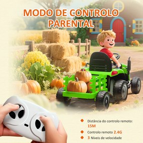 Trator Elétrico para Crianças com Reboque Desmontável Bateria 12V Velocidade 3-5 km/h Controle Remoto 2,4G 139x58x55 cm Verde