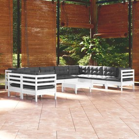11 pcs conj. lounge de jardim c/ almofadões pinho maciço branco