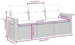 3 pcs conjunto sofás de jardim com almofadões vime PE preto
