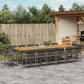 17 pcs conj. de jantar p/ jardim c/ almofadões vime PE cinzento