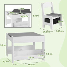 Conjunto de Mesa e 2 Cadeiras Infantis 2 em 1 com Ardósia Gavetas de Tecido e Espaço de Armazenamento para Quarto Cinza
