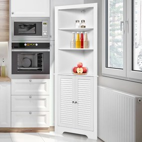 Armário de canto alto  60 x 44,5 x 173 cm para casa de banho ou cozinha triangular com 3 prateleiras abertas e 2 portas Branco