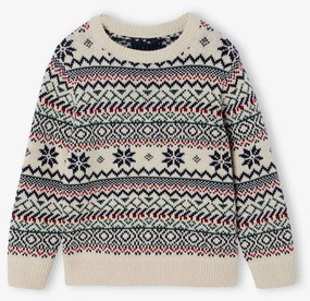 Camisola em jacquard, gola redonda, para menino branco estampado