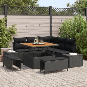 Conjunto de Sofás de Jardim de 8 Peças com Almofadas Preto Rattan Poliéster Acácia