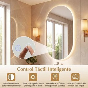 Espelho 80x50 cm ovalado iluminado de parede para casa de banho com retroiluminação LED 3 modos de cor ajustável antiembaciamento vidro temperado HD s