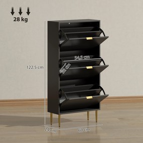 Sapateira com capacidade para 18 pares 60 x 24 x 122,5 cm, com 3 gavetas rebatíveis, portas caneladas e prateleiras ajustáveis, preto