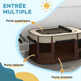 Parque dobrável para animais de estimação 114 x 89 x 59 cm, parque para cachorros em tecido Oxford com janelas e portas, saco de arrumação castanho