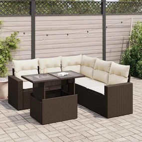 6 pcs conjunto de sofás jardim c/ almofadões vime PE castanho