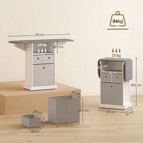 Móvel para Engomar Roupa com Rodas Tábua de Engomar Dobrável com 3 Gavetas Compartimento Aberto 121x37x89,5 cm Branco