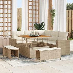 Conjunto de Sofá de Jardim de 8 Peças com Almofadas Bege em Rattan Polimérico de Acácia