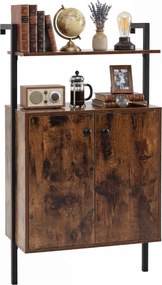Estante de parede com 4 prateleiras 53 x 29,5 x 96 cm, portas em metal preto, painéis de madeira e puxadores pretos, Castanho Rústico + Preto