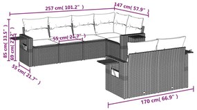 7 pcs conjunto sofás p/ jardim c/ almofadões vime PE cinzento
