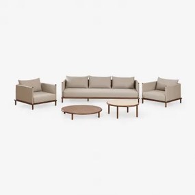 Conjunto De Sala Com Sofá De 3 Lugares, 2 Poltronas E 2 Mesas De Centro Redondas Em Madeira De Acácia Olivia Castanho-acácia Escuro & Castanho-acácia