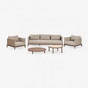 Conjunto De Sala De Estar Com Sofá De 3 Lugares, 2 Poltronas E 2 Mesas De Centro Redondas Em Madeira De Acácia Olivia Castanho Madeira Escuro - Sklum