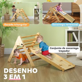 Triângulo de Escalada de Madeira 2 em 1 Escalada para Crianças de 18-48 Meses com Rampa para Deslizar ou Escalar 147x64,5x63 cm  Madeira
