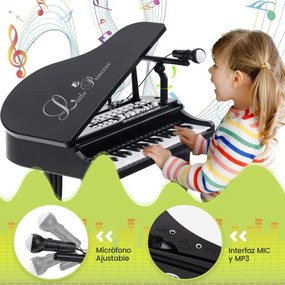 Teclado de piano para crianças com 37 teclas e banco multifuncional portátil com microfone LED e modo de ensino Preto