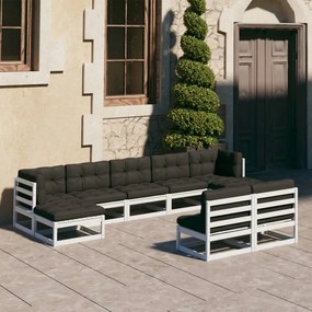 vidaXL 9 pcs conj. lounge de jardim c/ almofadões pinho maciço branco