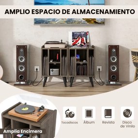 Estante para gira-discos de vinil com 4 prateleiras abertas Tomada eléctrica e porta de carregamento USB Estante de exposição castanha vintage