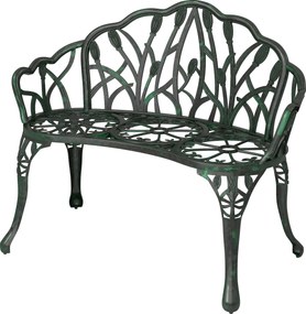 Banco de jardim em alumínio fundido  99 x 57 x 78 cm, banco de exterior de 2 lugares com encosto em forma de tulipa e assento floral, verde antigo
