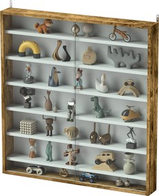 Vitrine para coleção, vitrine de parede, 80 x 9,5 x 83 cm, 6 prateleiras com altura ajustável, 2 portas de correr em vidro branco, castanho rústico