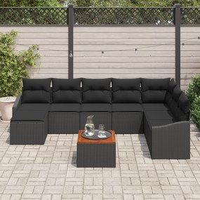 Conjunto de Sofá de Jardim com 9 Peças e Almofadas Preto Vime Acácia