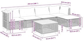 6 pcs conjunto sofás de jardim c/ almofadões vime PE preto