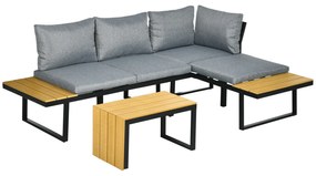 Outsunny Conjunto Móveis de Jardim de Alumínio 3 Peças Inclui 2 Sofás com Almofadas Mesa de Centro e Painel Lateral Cinza e Madeira