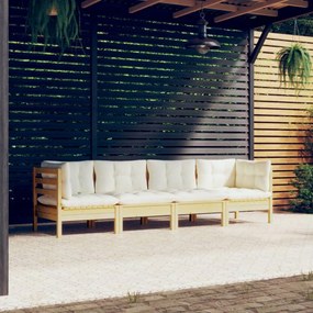 vidaXL 4 pcs conjunto lounge jardim c/ almofadões creme pinho maciço