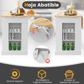 Ilha de cozinha com arrumação 120 x 61 x 92 cm Bancada de madeira Gavetas Prateleiras laterais 2 portas e 3 níveis de prateleiras ajustáveis Branco
