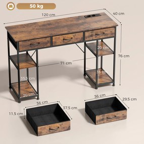 Secretária com espaço de arrumação e tomadas elétricas, 3 gavetas em tecido e 4 prateleiras, 120 x 40 x 76 cm, castanho