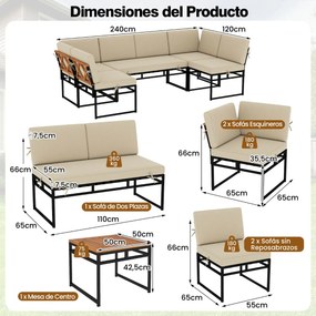 Conjunto jardim de 6 peças para exterior com móveis de metal e madeira de acácia, almofadas e mesa de café para jardim ou piscina, bege