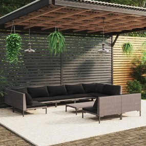 vidaXL 10 pcs conj. lounge jardim c/ almofadões vime PE cinza-escuro