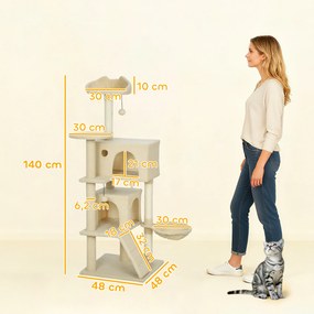 Arranhador para Gatos com Múltiplas Plataformas Cama 2 Cavernas Rede Escada Postes de Sisal 48x48x140 cm Bege