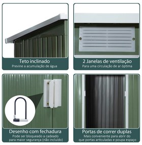 Abrigo de Jardim 213x130x173cm Abrigo de Exterior de Aço Galvanizado com Porta Corredeira e Ventilações para Armazenamento de Ferramentas Verde