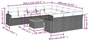 12 pcs conjunto de sofás de jardim c/ almofadões vime PE preto