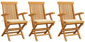 Cadeiras de jardim c/ almofadões creme 3 pcs teca maciça