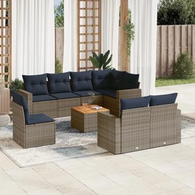 9 pcs conjunto sofás p/ jardim c/ almofadões vime PE cinzento