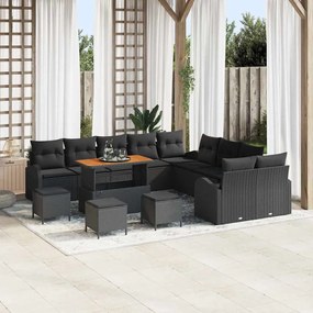 Conjunto de Sofás de Jardim vidaXL de 14 Peças com Almofadas Preto Rattan Poliéster Acácia