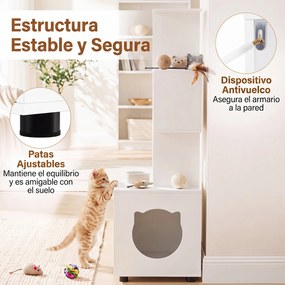 Móvel para Gatos com Armário para Caixa de Areia (NÃO INCLUIDA), 60 x 45 x 141 cm, Estante em Forma de S, Branco