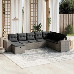 8 pcs conjunto sofás de jardim c/ almofadões vime PE cinzento